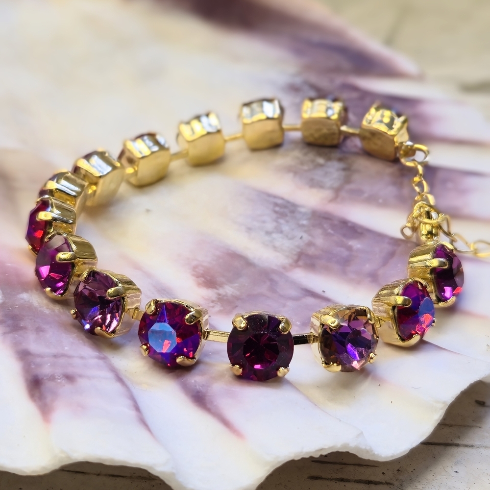 Sparkly Deep Fuchsia & Pink Swarovski Crystal In Classic Gold Plated Bracelet - Picture 4 of 5